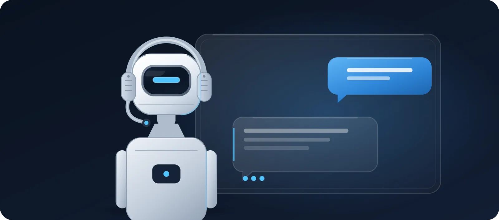 A headset-wearing support assistant returning a written answer in a speech bubble