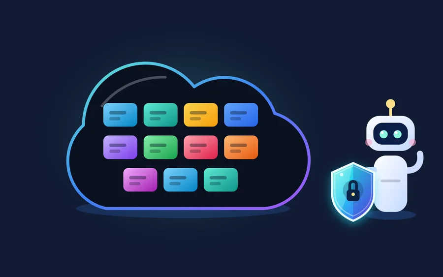 An assistant guarding a cloud of colour-coded Salesforce records behind an encrypted padlock
